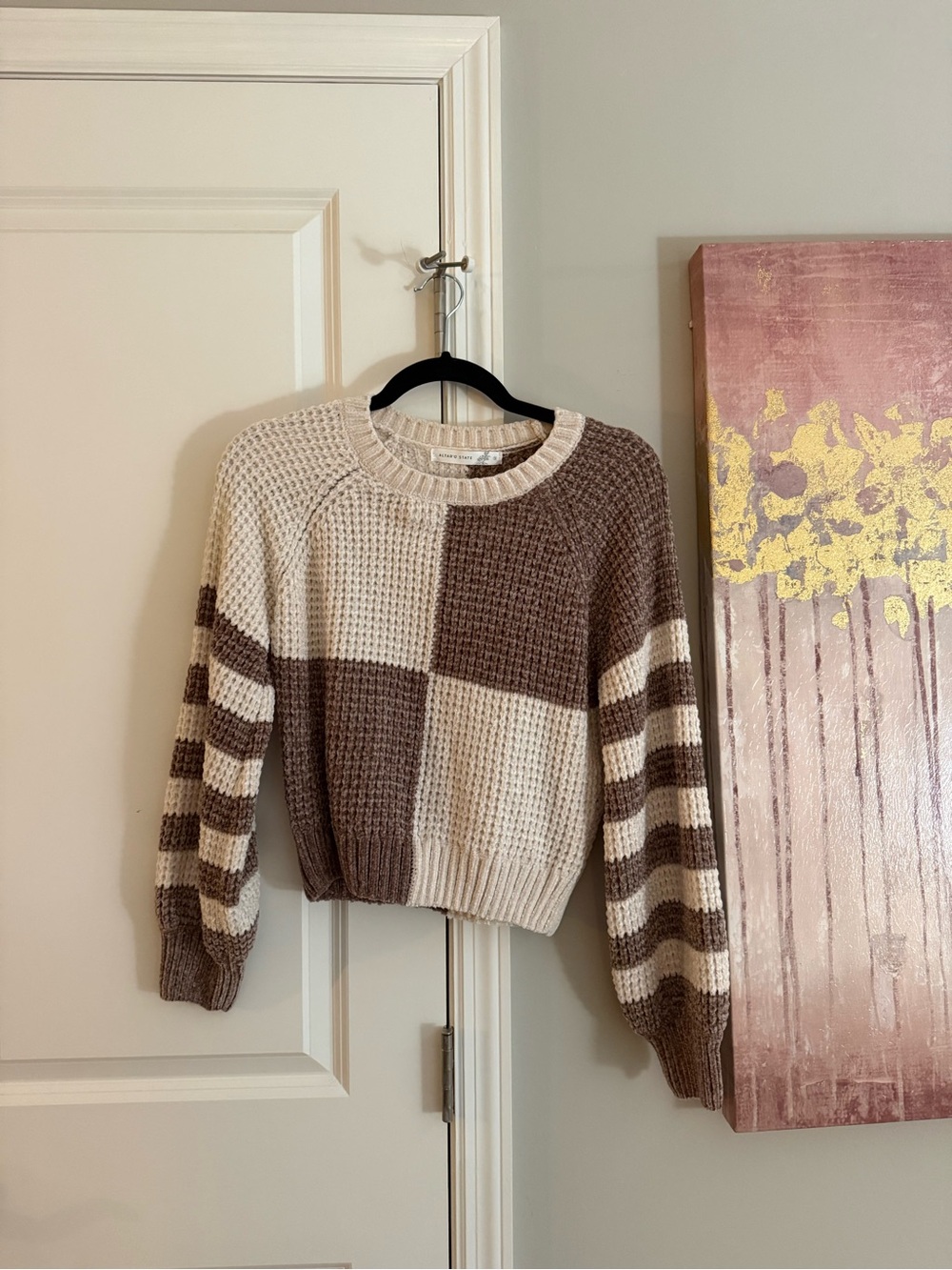 Altar'd State Cream & Brown Chunky Colorblock Waffle Sweater - Picture 1 of 3